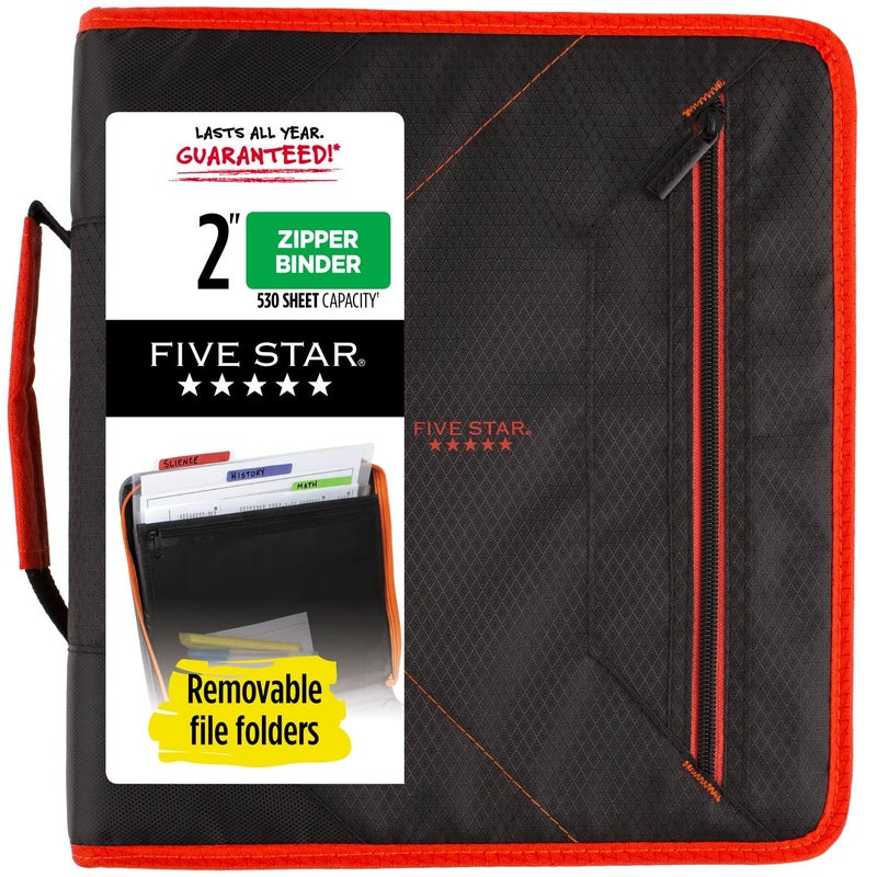 Five Star Zipper Binder, 2 Inch 3-Ring Binder with Removable File Folders, 530 Sheet Capacity, Red/Black (29036CE8) - Image 1
